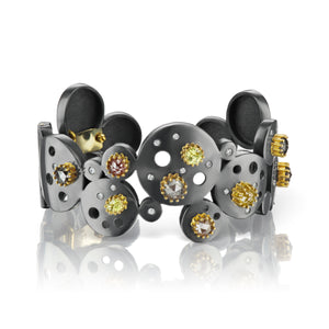 Night Lights Bubble Cuff, Oxidized Sterling, 18K Gold, Natural Colored Diamonds and Sapphires