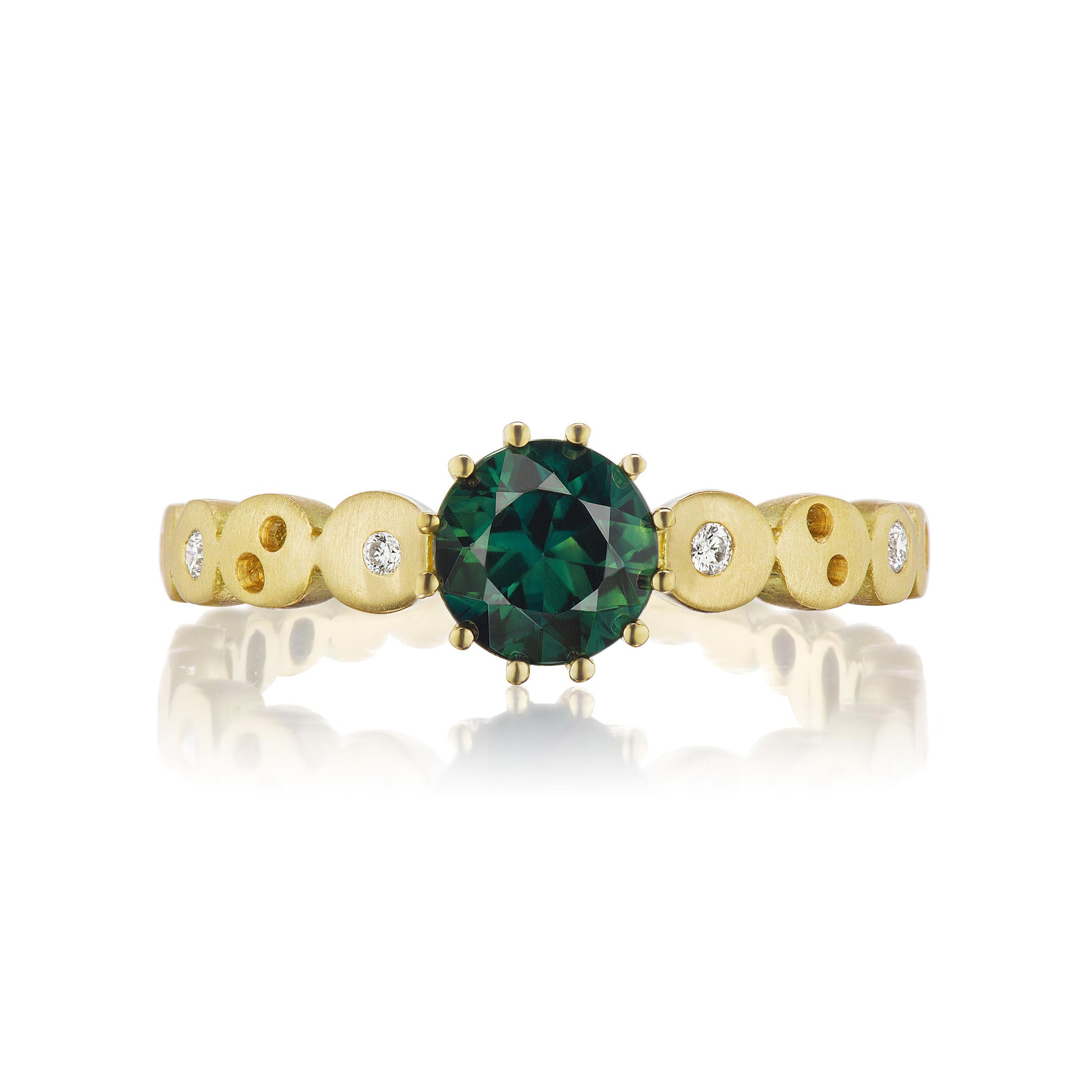 Constellation Coin Band Round Solitaire Ring with Australian No-Heat Green Sapphire