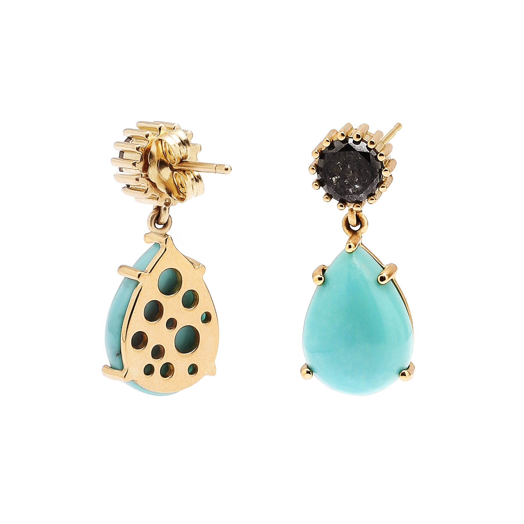 Oculus Back Small Drop Earrings, with Rose Cut Black Diamonds & Pear-Shaped Turquoise