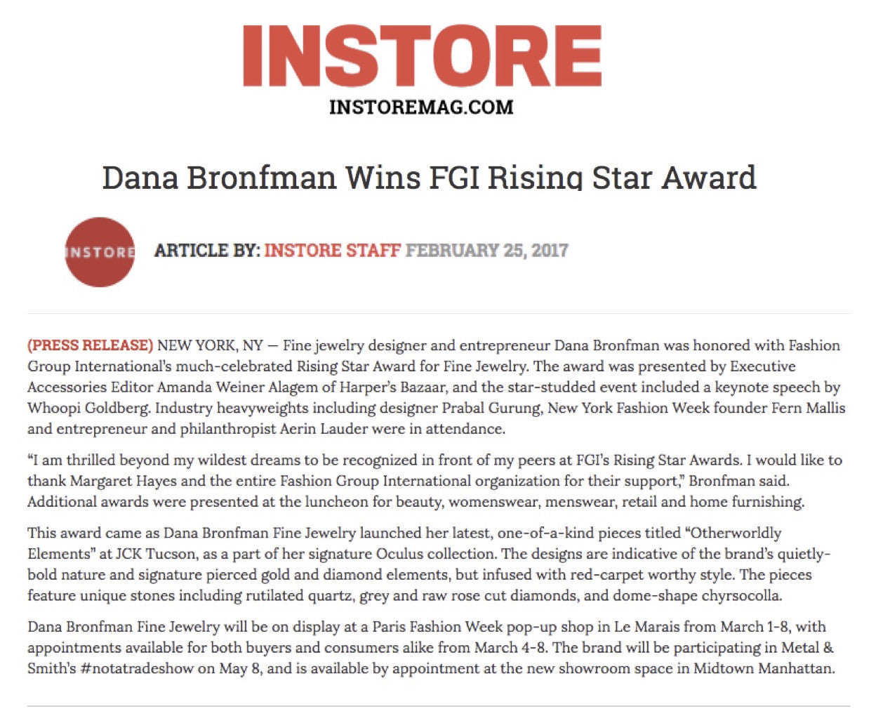 Dana Bronfman Wins FGI Rising Star Award