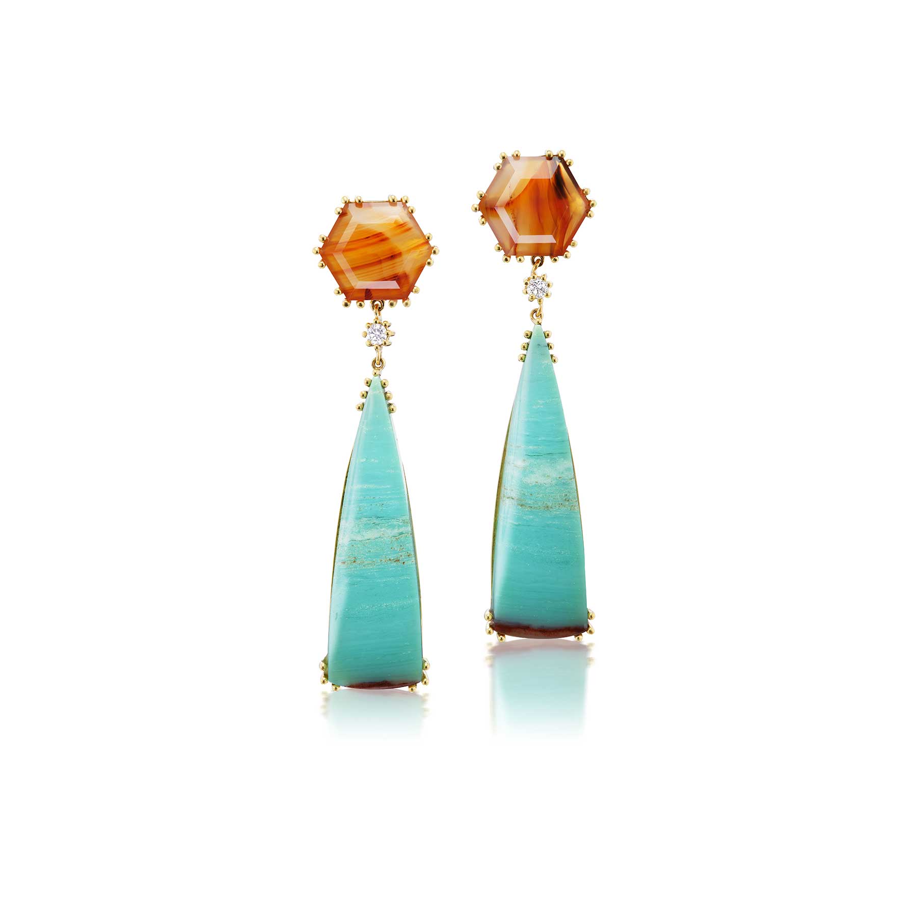 Land and Sky Agate,  Diamond, and Opalized Wood Earrings