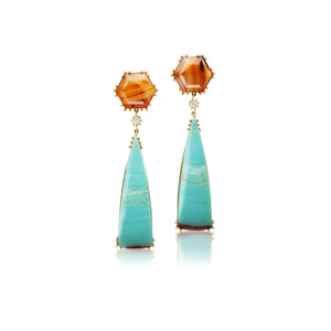 Land and Sky Agate,  Diamond, and Opalized Wood Earrings