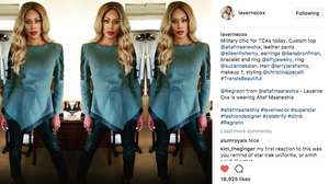 Laverne Cox wearing the Tiny Coin Studs while attending a Netflix TCA panel