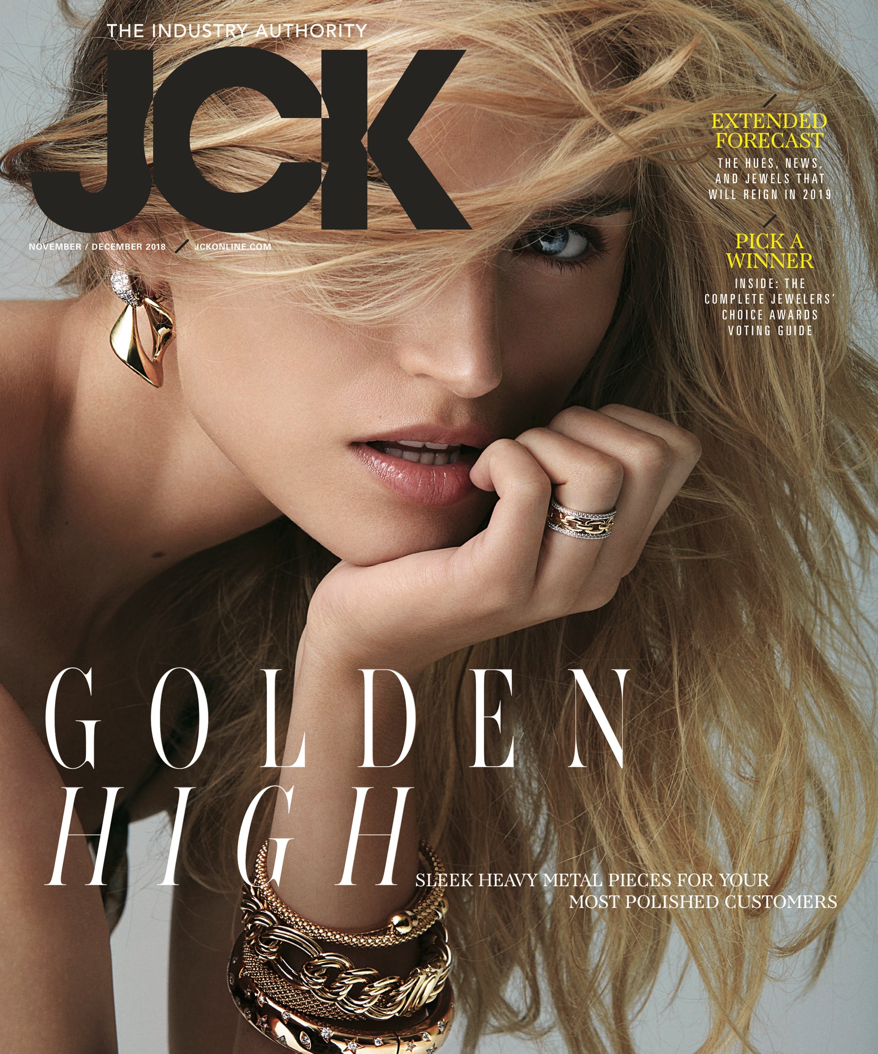 Oversized Hammered Gold Click Hinge Hoops featured in JCK Magazine Nov/Dec 2018 Issue