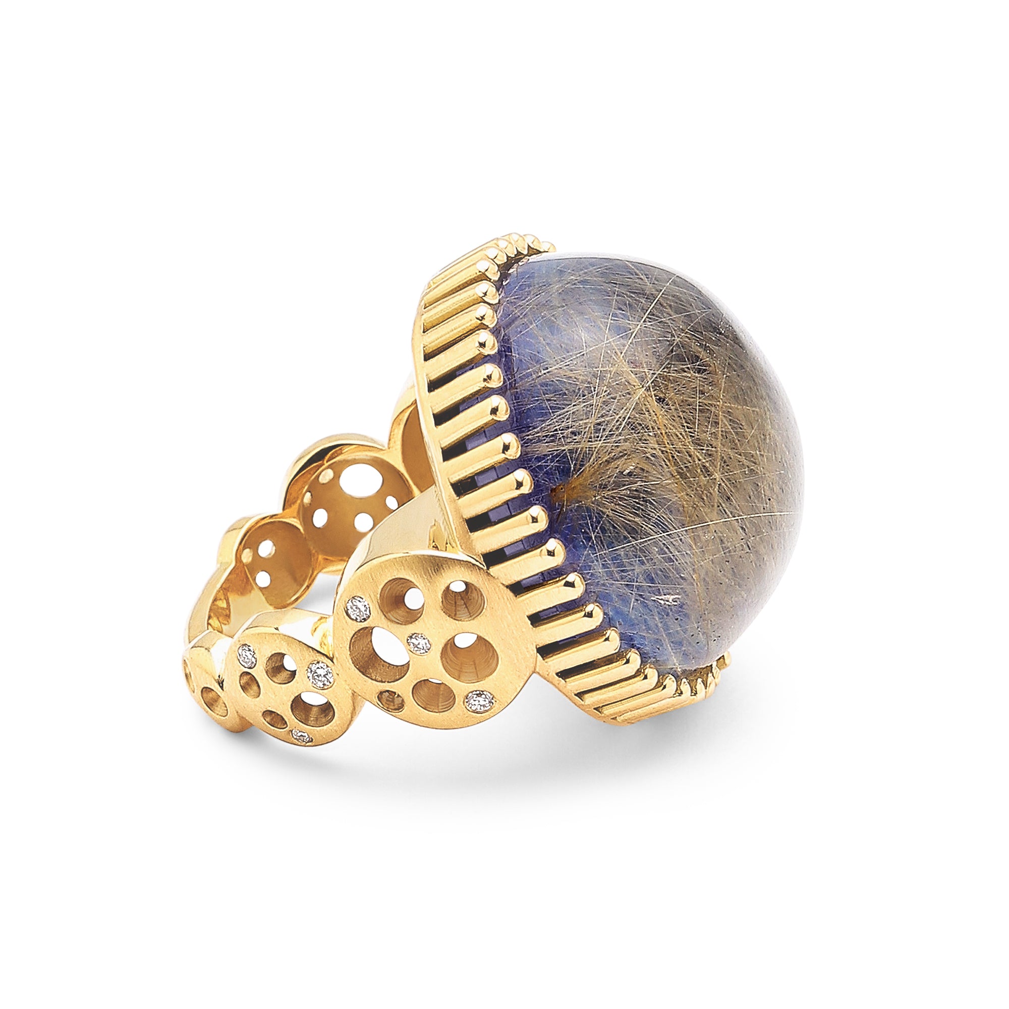 Round Rutilated Quartz over Lapis Lazuli Doublet Coin Band Ring