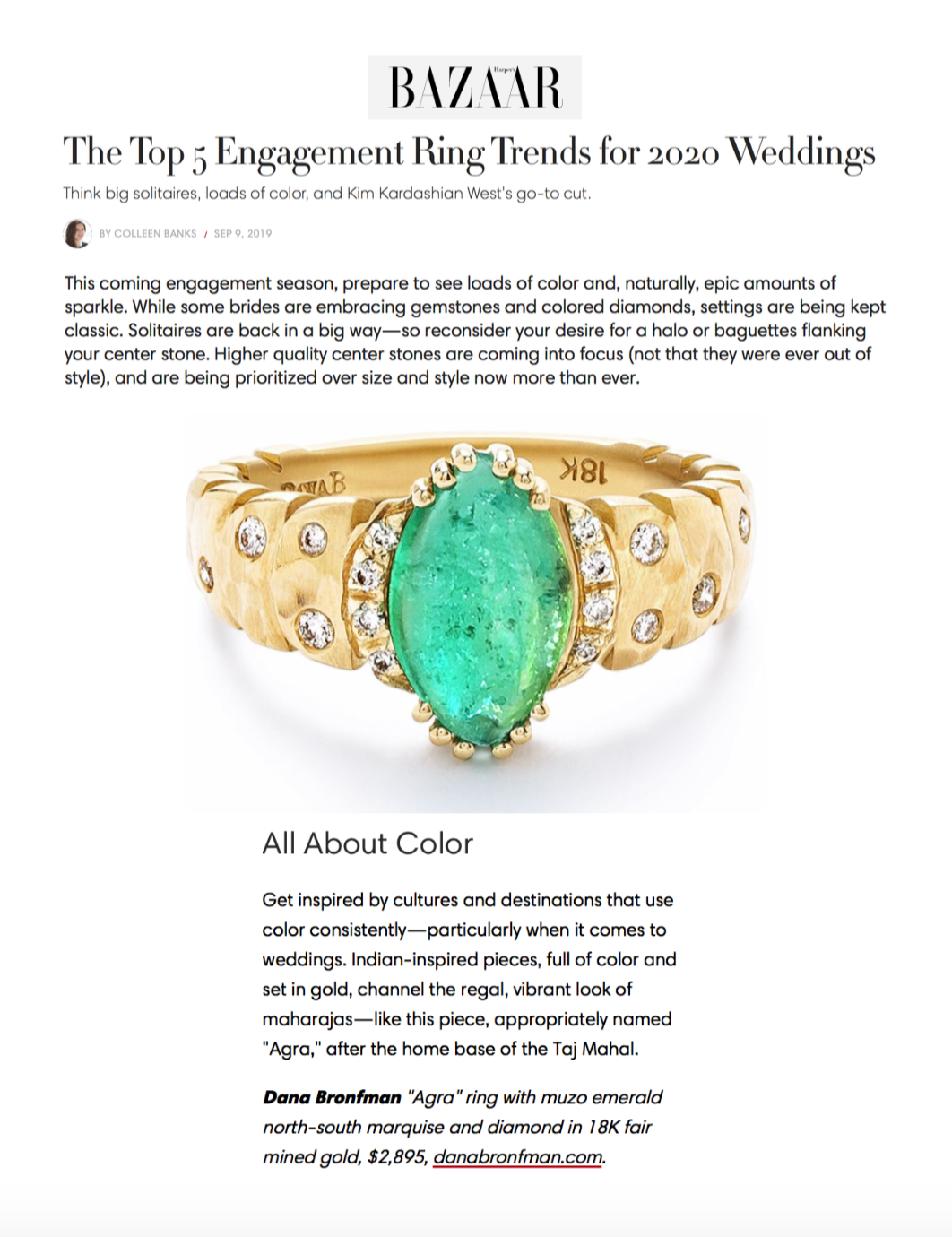 Dana Bronfman x Muzo Emeralds Ring Featured in Harpers Bazaar
