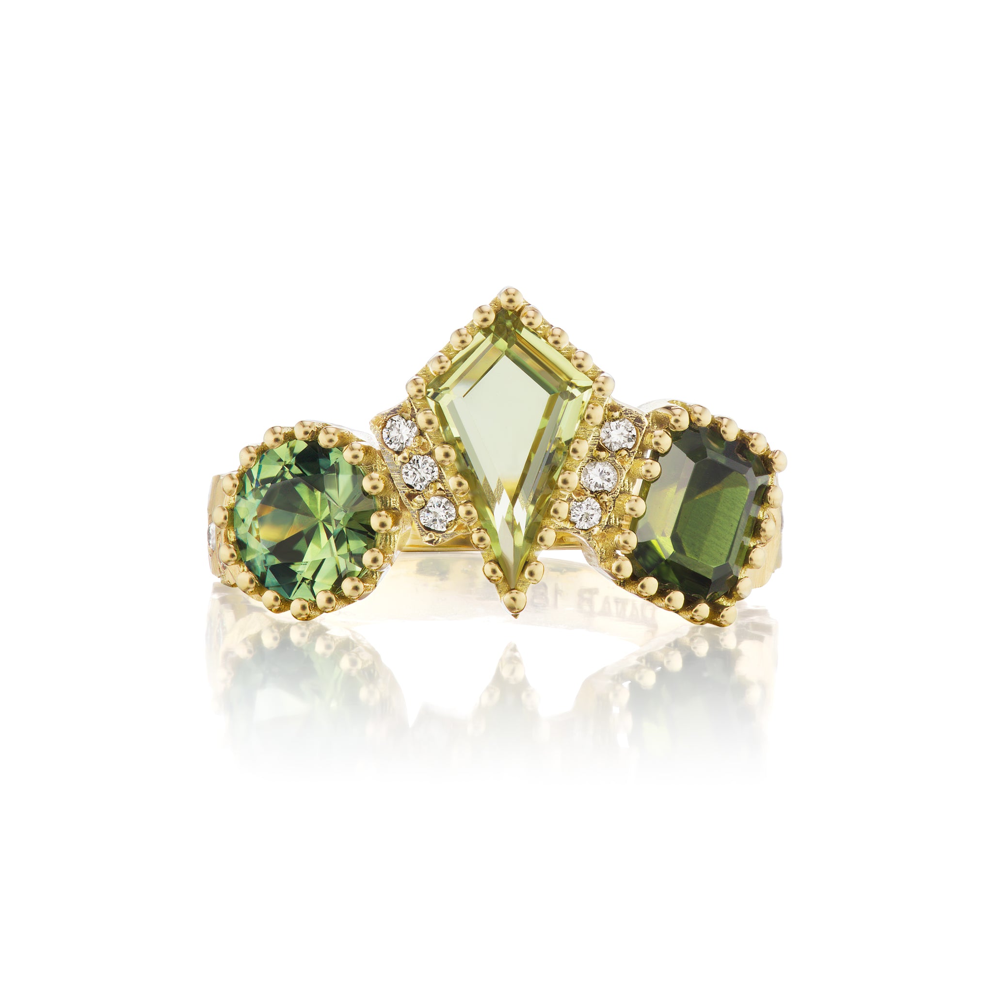 Three Fancy Greens Ring with Montana and Australian Sapphires