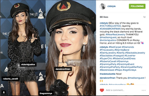 Actress, Victoria Justice, wore theTiny Eternity Bands with Black Diamonds to the Delta Grammy's party, in February 2016.