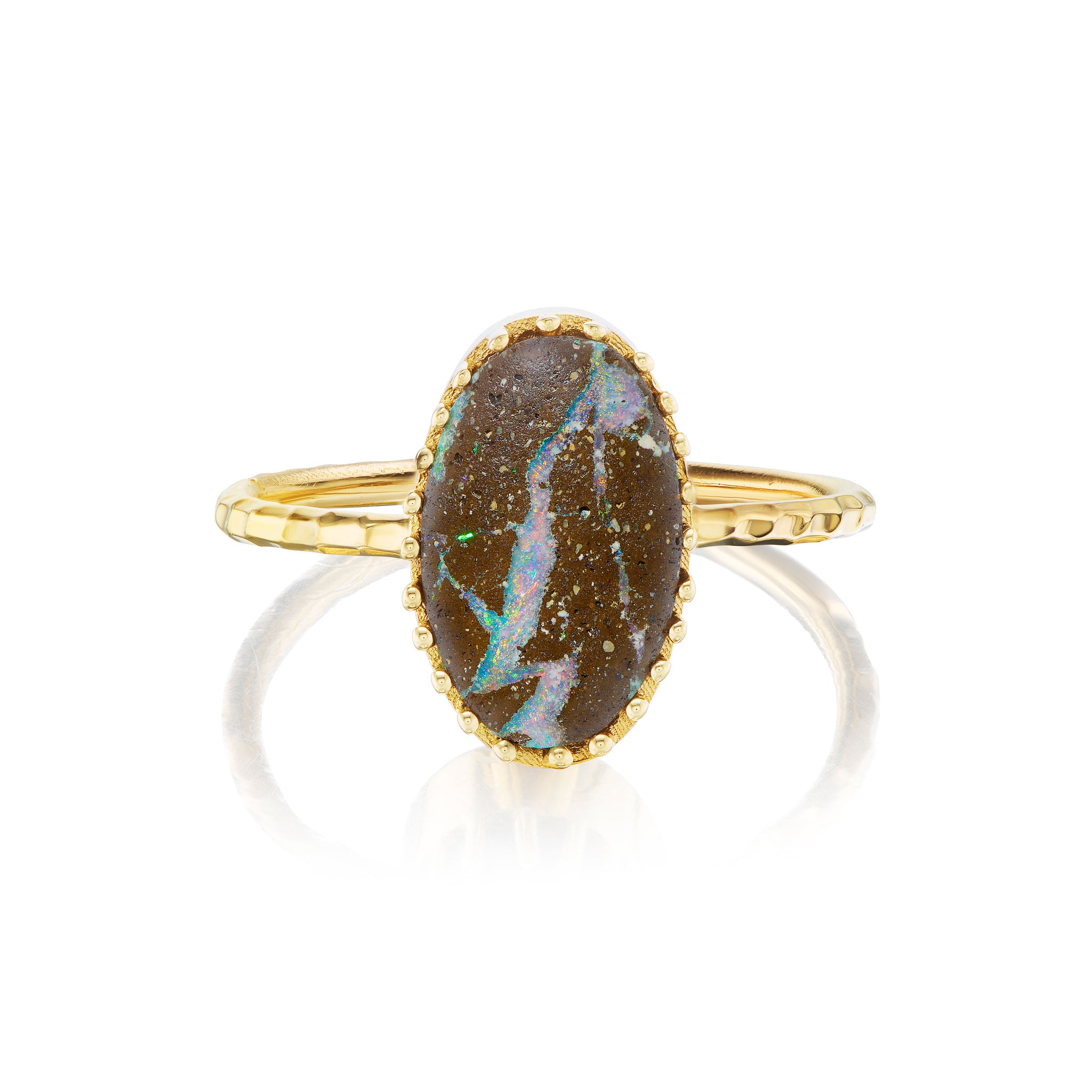 Earth Iridescence Oval Opal Pronged Bezel Solitaire Ring