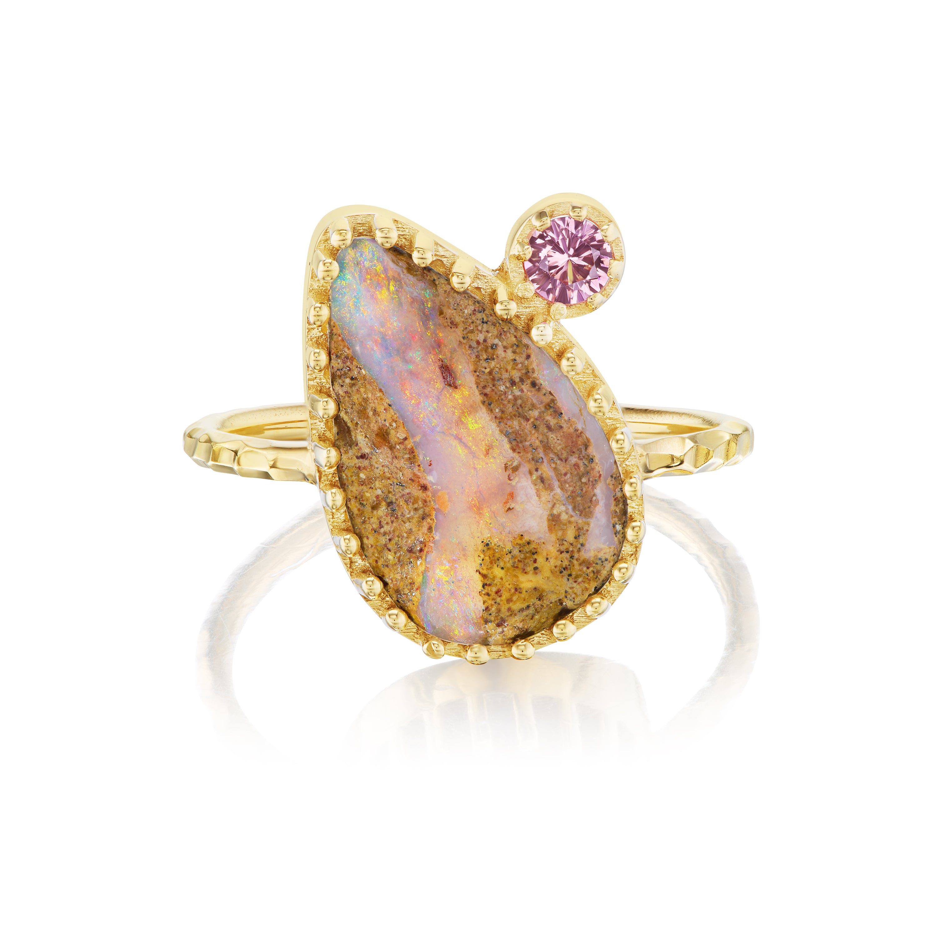 Desert Glow Pronged Bezel Solitaire Ring with Opal & Pink Spinel