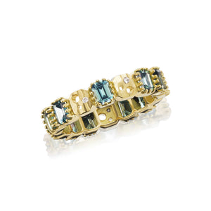 Every Other Emerald-Cut Teal Sapphire and Oculus Eternity Band