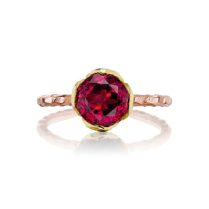 Rose and Yellow Petal-Set Solitaire Ring with Rhodolite Garnet