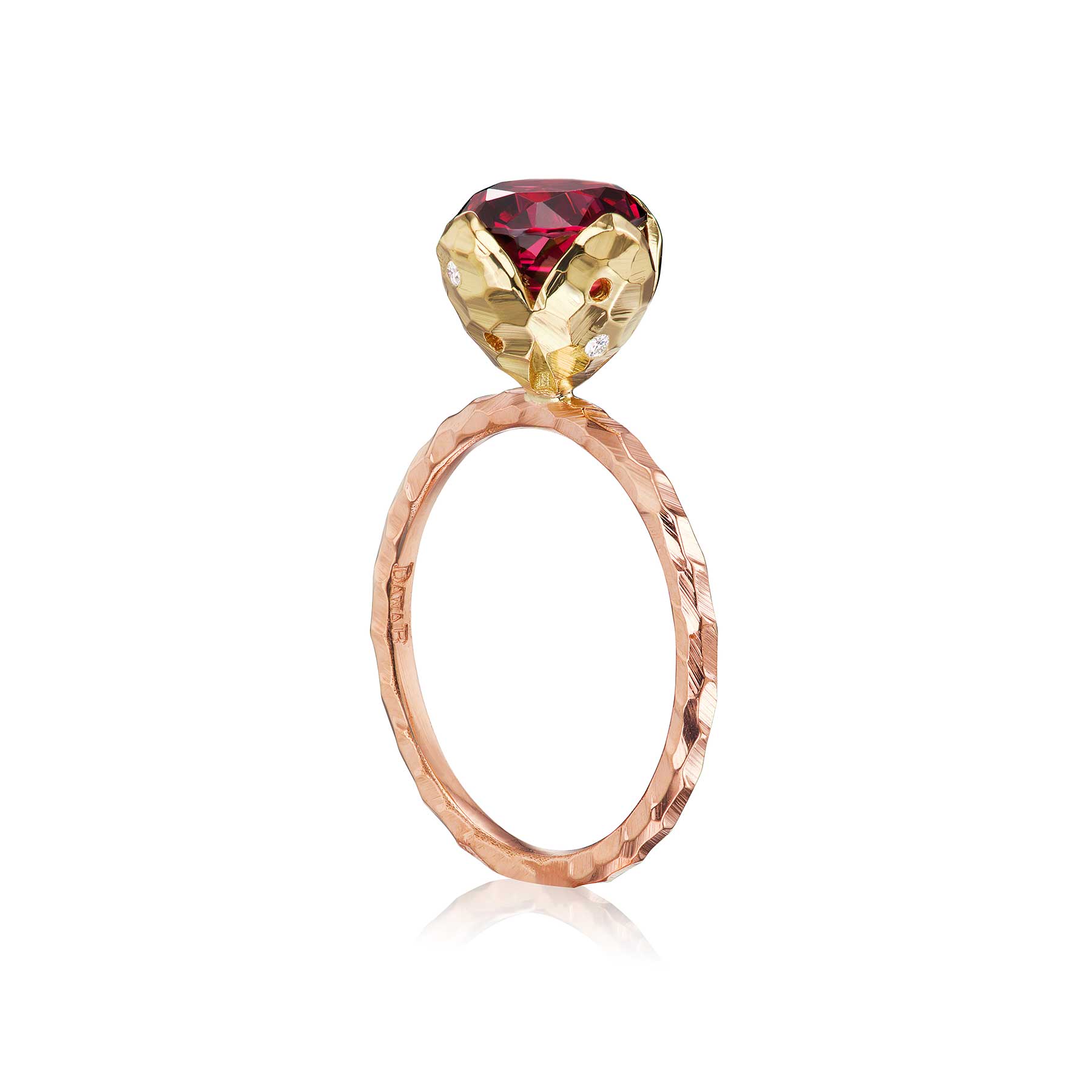 Rose and Yellow Petal-Set Solitaire Ring with Rhodolite Garnet