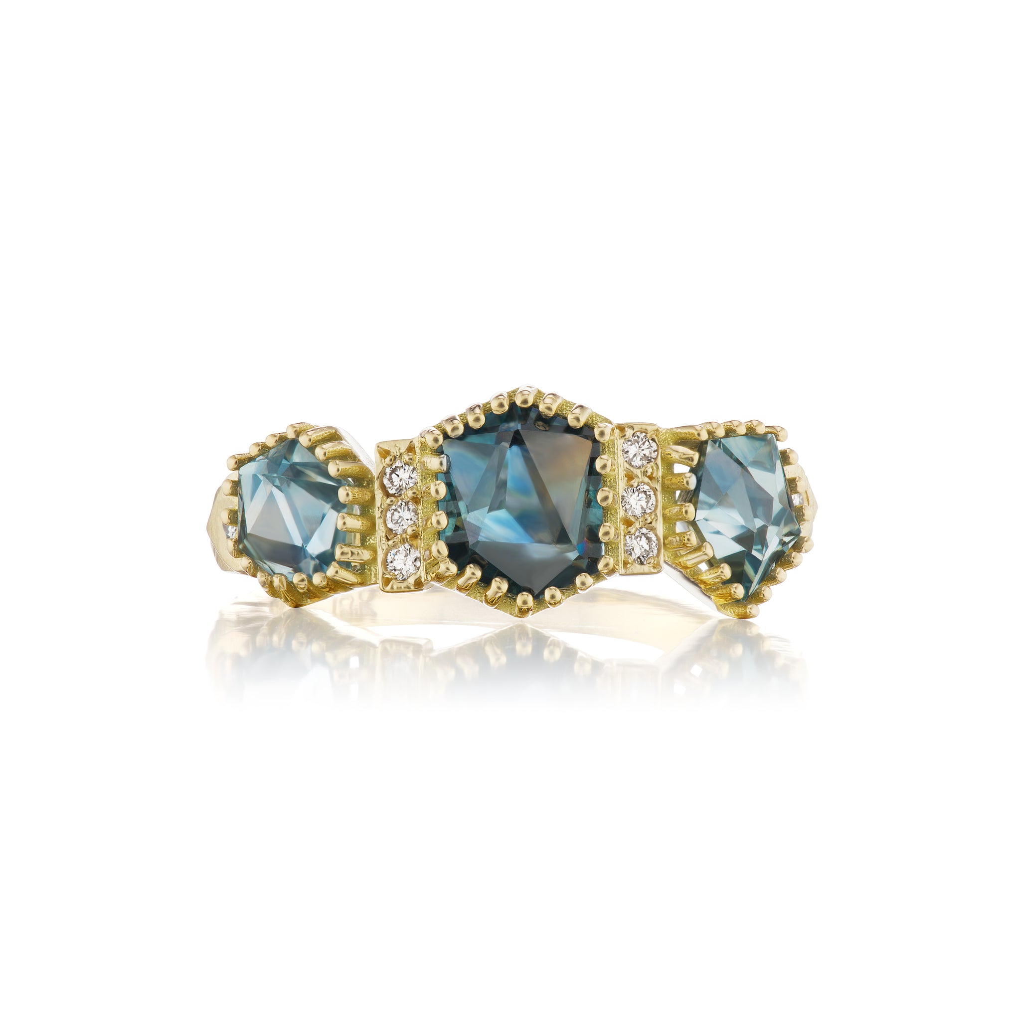 Three Stone Geocut Ring, with Blue Montana Sapphires
